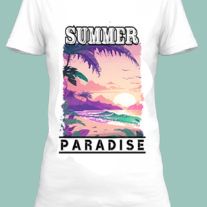 n t-shirt blanc imprimé avec une plage paradisiaque avec des couleurs pastel by netteeshirt.com