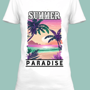 n t-shirt blanc imprimé avec une plage paradisiaque avec des couleurs pastel by netteeshirt.com