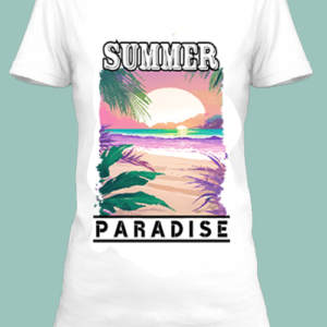 n t-shirt blanc imprimé avec une plage paradisiaque avec des couleurs pastel by netteeshirt.com