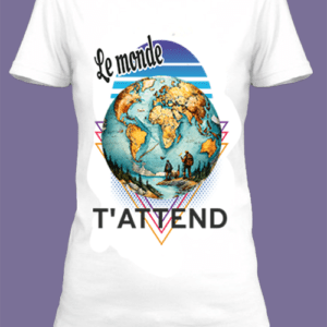 Un t-shirt blanc imprimé avec Une planisphère avec des randonneurs autour by netteeshirt.com