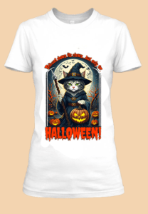 n t-shirt blanc imprimé avec Un chat avec une citrouille pour Halloween by netteeshirt.com