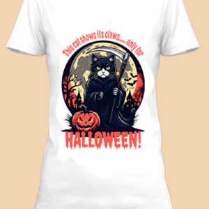 n t-shirt blanc imprimé avec Un chat avec une citrouille pour Halloween by netteeshirt.com