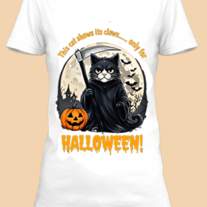 n t-shirt blanc imprimé avec Un chat avec une citrouille pour Halloween by netteeshirt.com