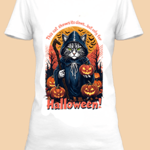 n t-shirt blanc imprimé avec Un chat avec une citrouille pour Halloween by netteeshirt.com