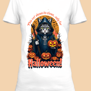 n t-shirt blanc imprimé avec Un chat avec une citrouille pour Halloween by netteeshirt.com