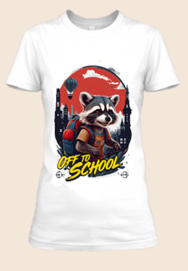 n t-shirt blanc imprimé avec Un raton laveur avec un sac d'école by netteeshirt.com