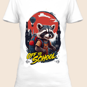 n t-shirt blanc imprimé avec Un raton laveur avec un sac d'école by netteeshirt.com