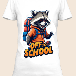 n t-shirt blanc imprimé avec Un raton laveur avec un sac d'école by netteeshirt.com