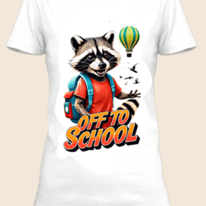 n t-shirt blanc imprimé avec Un raton laveur avec un sac d'école by netteeshirt.com