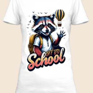 n t-shirt blanc imprimé avec Un raton laveur avec un sac d'école by netteeshirt.com