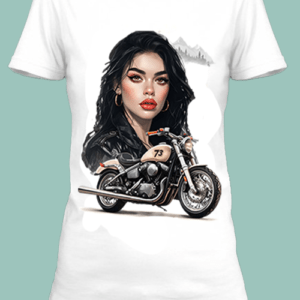 T-shirt blanc avec une illustration d'une femme motarde rebelle.