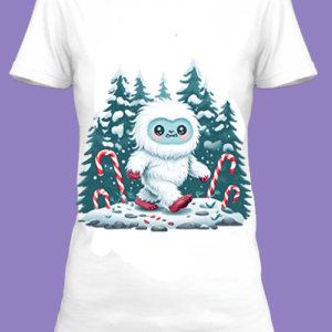 Un T-shirt festif avec un Yeti adorable entouré de cannes de bonbons.