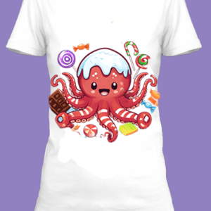 Un T-shirt festif avec un poulpe mignon entouré de friandises.