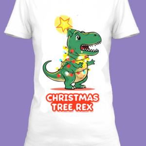 Un T-shirt festif avec un T-Rex mignon décoré de lumières de Noël