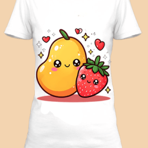 Un t-shirt mignon avec une poire et une fraise souriantes.