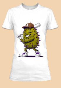 Un t-shirt unique avec un cactus stylé et armé d'une batte de baseball.