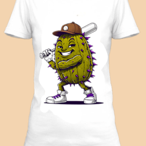 Un t-shirt unique avec un cactus stylé et armé d'une batte de baseball.