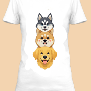 Un t-shirt avec trois chiens souriants et stylés.