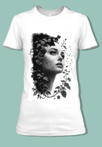 T-shirt élégant avec une femme entourée de feuilles.