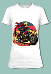 T-shirt audacieux avec un squelette sur une moto dans un désert.