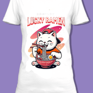 T-shirt amusant avec un chat mangeant du ramen.