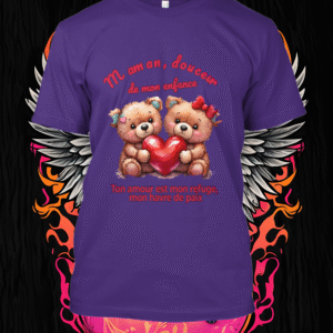 Un design adorable avec des ours en peluche partageant un cœur, symbolisant la douceur et le réconfort de l'amour maternel.