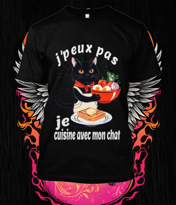 Ce design humoristique met en scène un chat cuisinier tenant un bol de légumes et un plateau de gaufres, avec le texte "J'peux pas,