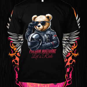 Un ours casqué de cuir noir prête serment à la liberté : design rebelle et intense pour affronter la route avec style et audace.