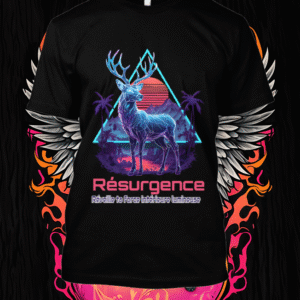 Plongez au cœur du style synthwave avec ce cerf néon triomphant sous un coucher de soleil rétro-futuriste. Audacieux et lumineux, il dynamise votre look.