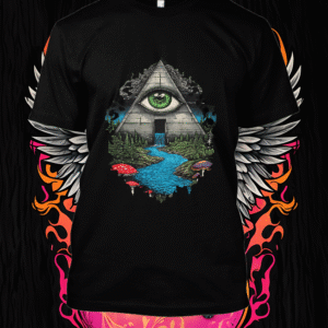 Triangle mystique, œil flamboyant et rivière céleste fusionnent dans un décor onirique, entre brutaliste poétique et natura enchantée.