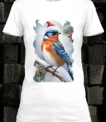 T-shirt personnalisé blanc avec illustration  d'Un oiseau sur une branche avec de la neige et des boules de Noël by netteeshirt.com